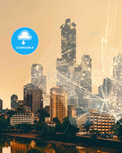 Libreville Skyline Composite Art Poster, Bright Beige - A city skyline with many buildings and lights