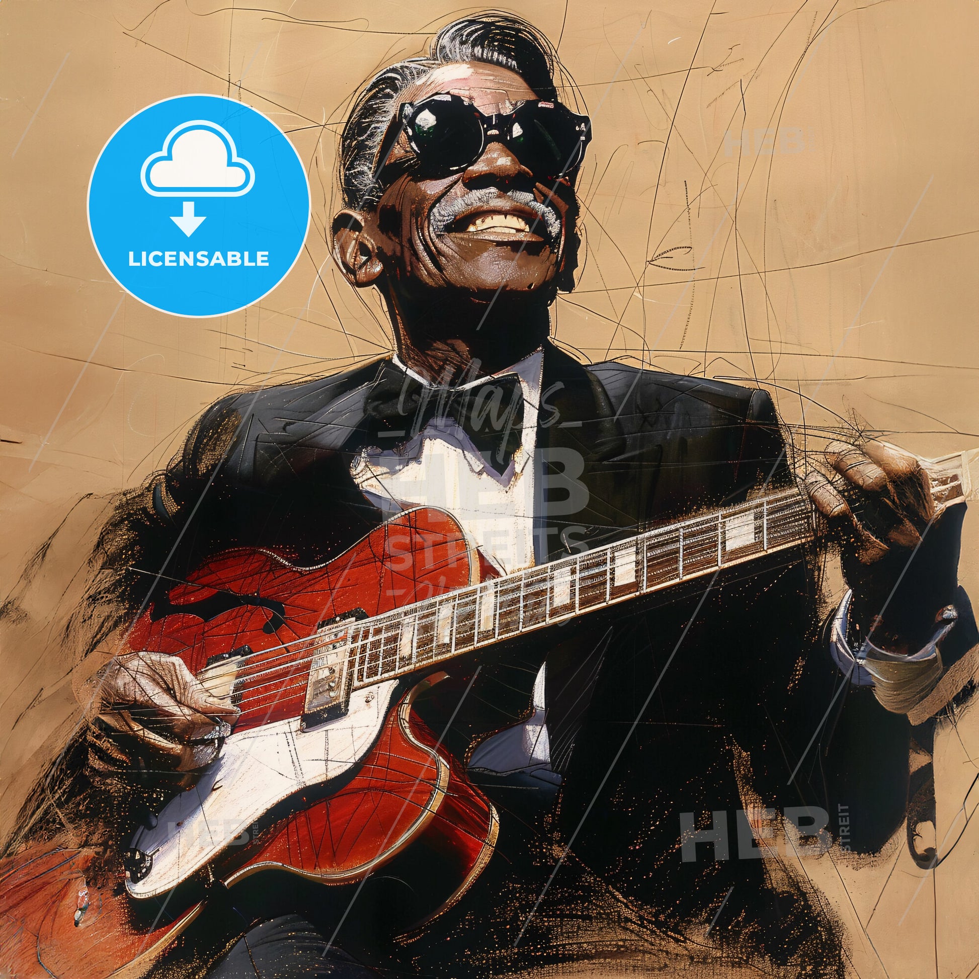 Lightnin' Hopkins, 1912 - 1982, American blues guitarist - A Man In A Tuxedo Playing A Guitar