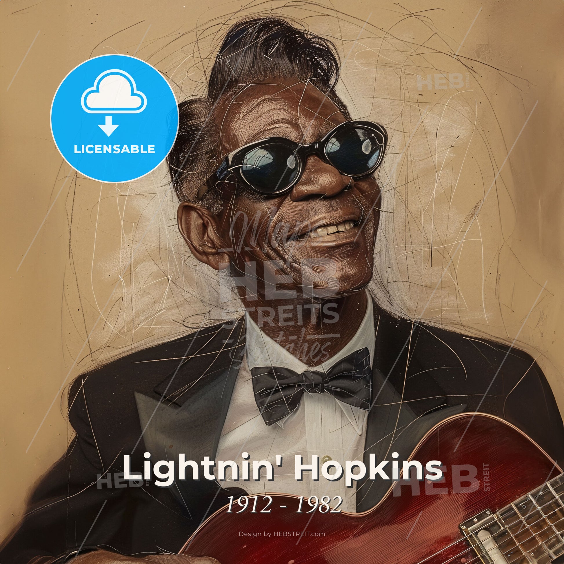 Lightnin' Hopkins, 1912 - 1982, American blues guitarist - A Man In A Suit And Sunglasses Holding A Guitar Print Template