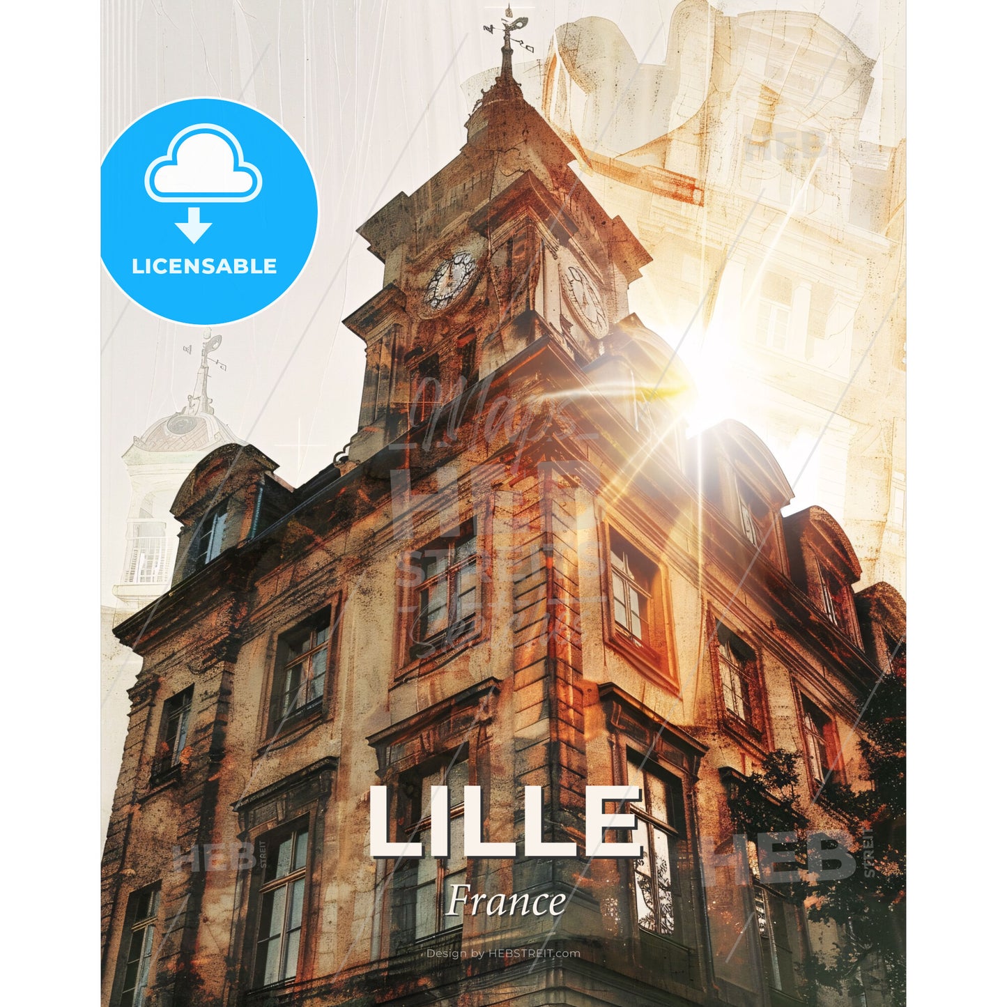 Lille Citylights in Dual Panorama Silhouette - A building with a clock tower - Square format print template