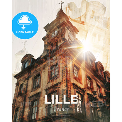 Lille Citylights in Dual Panorama Silhouette - A building with a clock tower - Square format print template