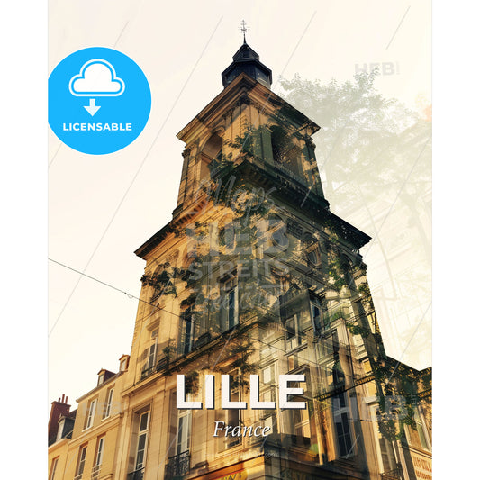 Lille Skyline Art: Iconic Composite Poster - A building with a bell tower - Square format print template