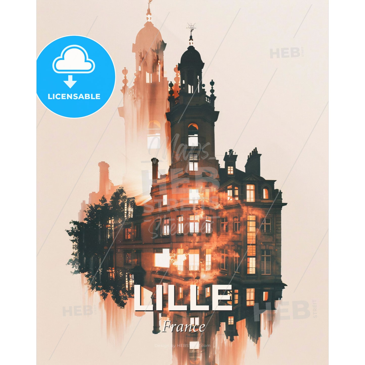 Lille City Skyline Art Poster - A building with a tower and a spire - Square format print template
