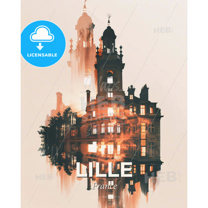 Lille City Skyline Art Poster - A building with a tower and a spire - Square format print template