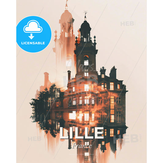 Lille City Skyline Art Poster - A building with a tower and a spire - Square format print template