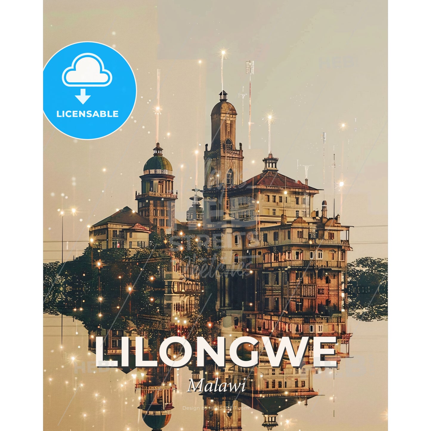 Lilongwe Skyline Double Exposure Art Poster - A building reflected in water - Square format print template
