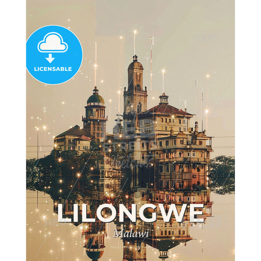 Lilongwe Skyline Double Exposure Art Poster - A building reflected in water - Square format print template