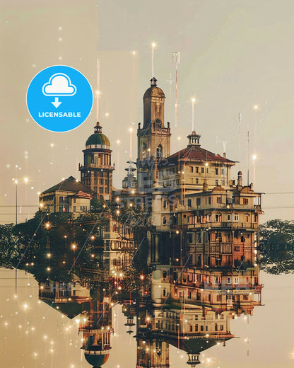 Lilongwe Skyline Double Exposure Art Poster - A building reflected in water