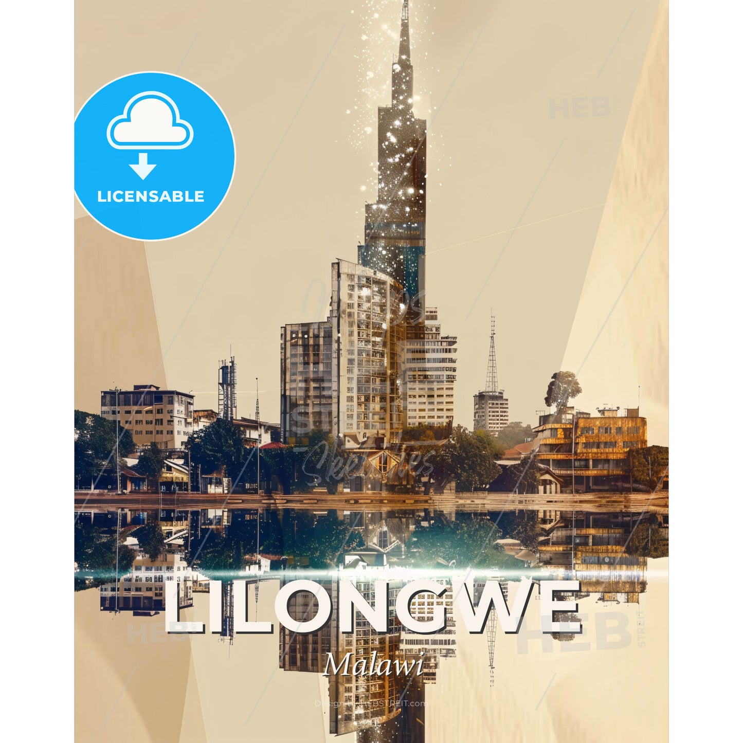 Lilongwe Skyline Double Exposure Art Print - A city with a tall building reflected in water - Square format print template