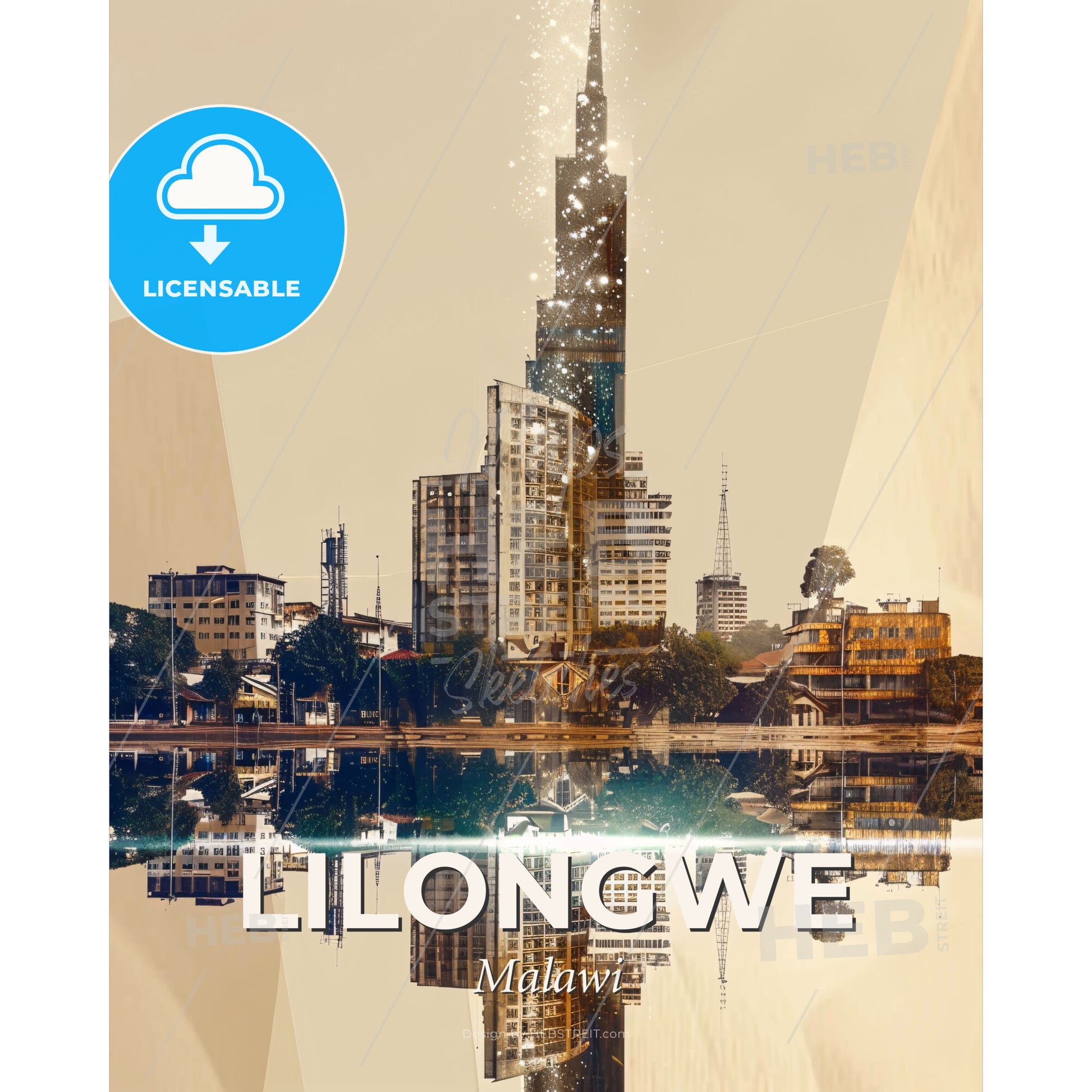Lilongwe Skyline Double Exposure Art Print - A city with a tall building reflected in water - Square format print template