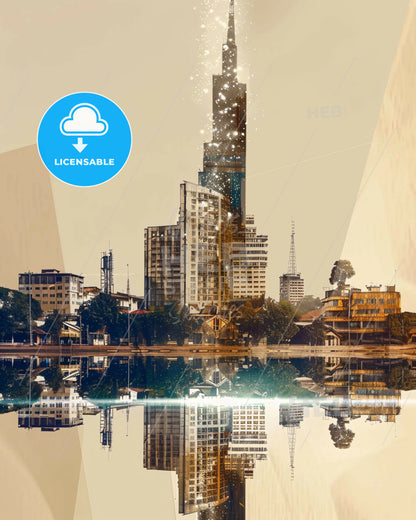 Lilongwe Skyline Double Exposure Art Print - A city with a tall building reflected in water