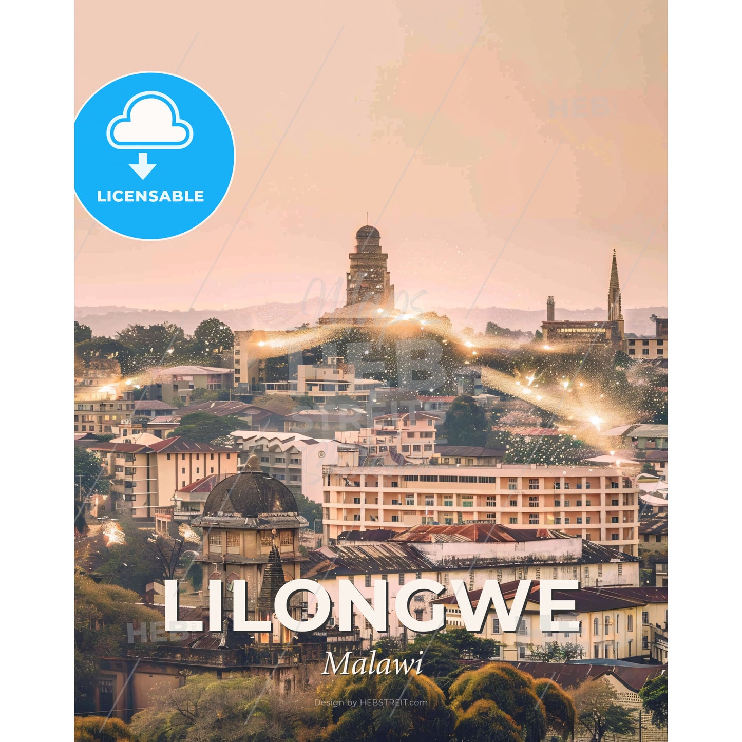 Lilongwe Skyline Double Exposure Composite Art - A city with many buildings and a tower - Square format print template