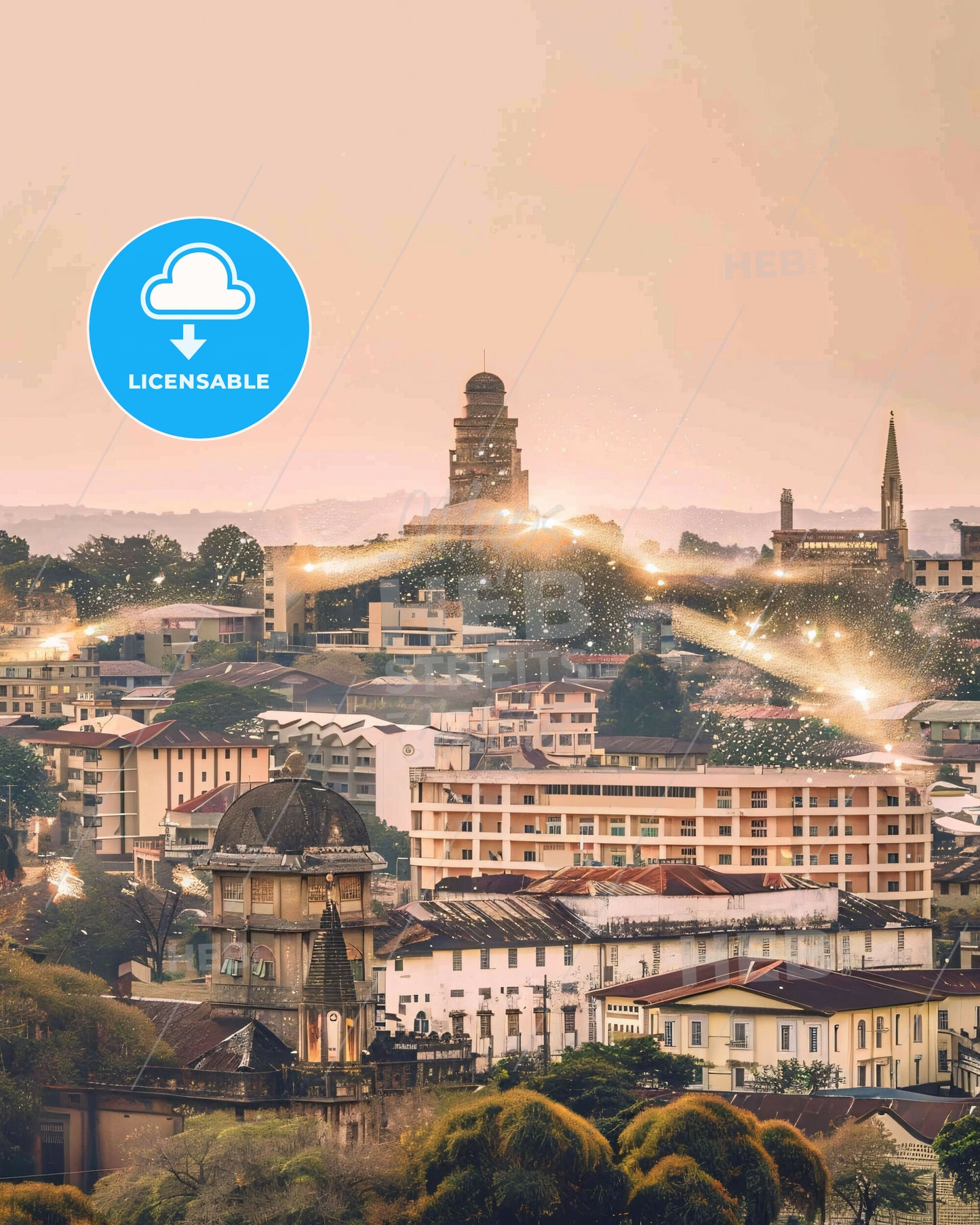 Lilongwe Skyline Double Exposure Composite Art - A city with many buildings and a tower