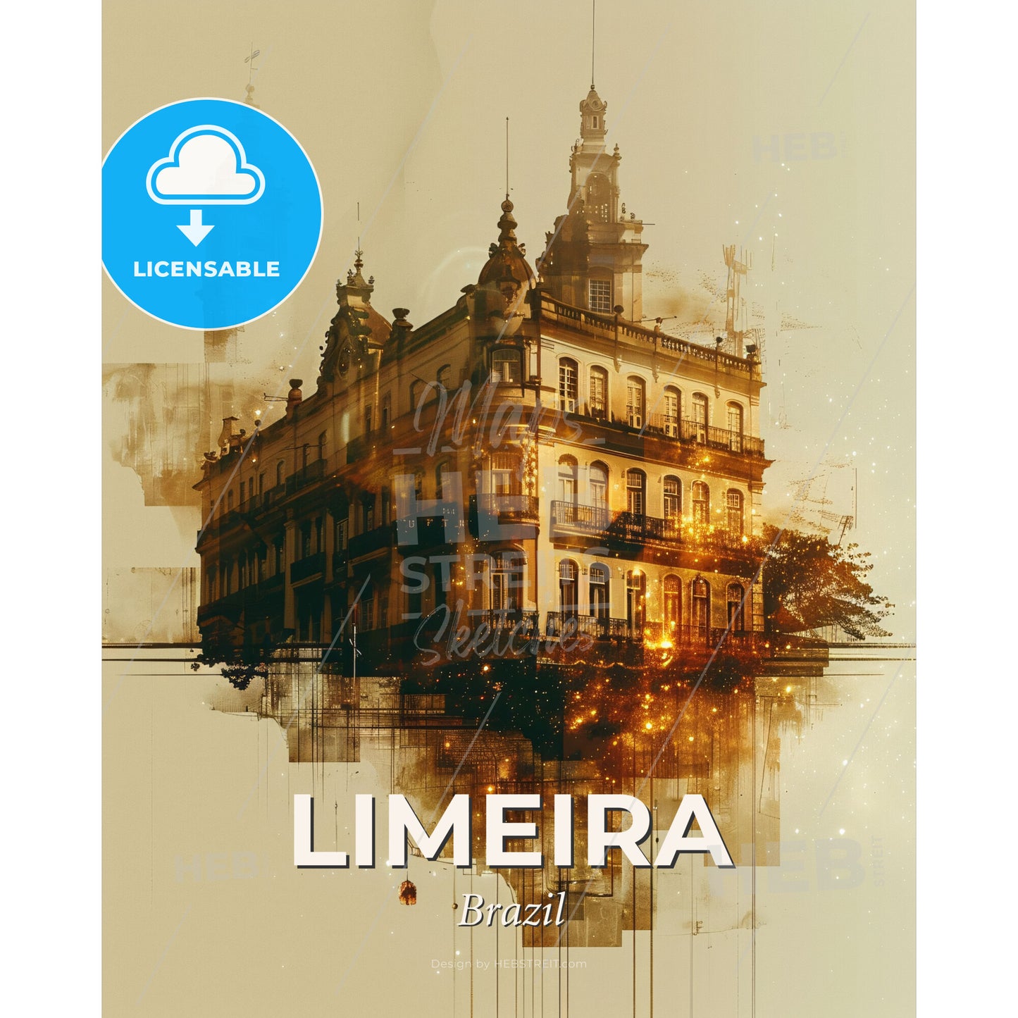 Limeira Skyline Cityscape Art Poster - A building with a tower and a clock tower - Square format print template