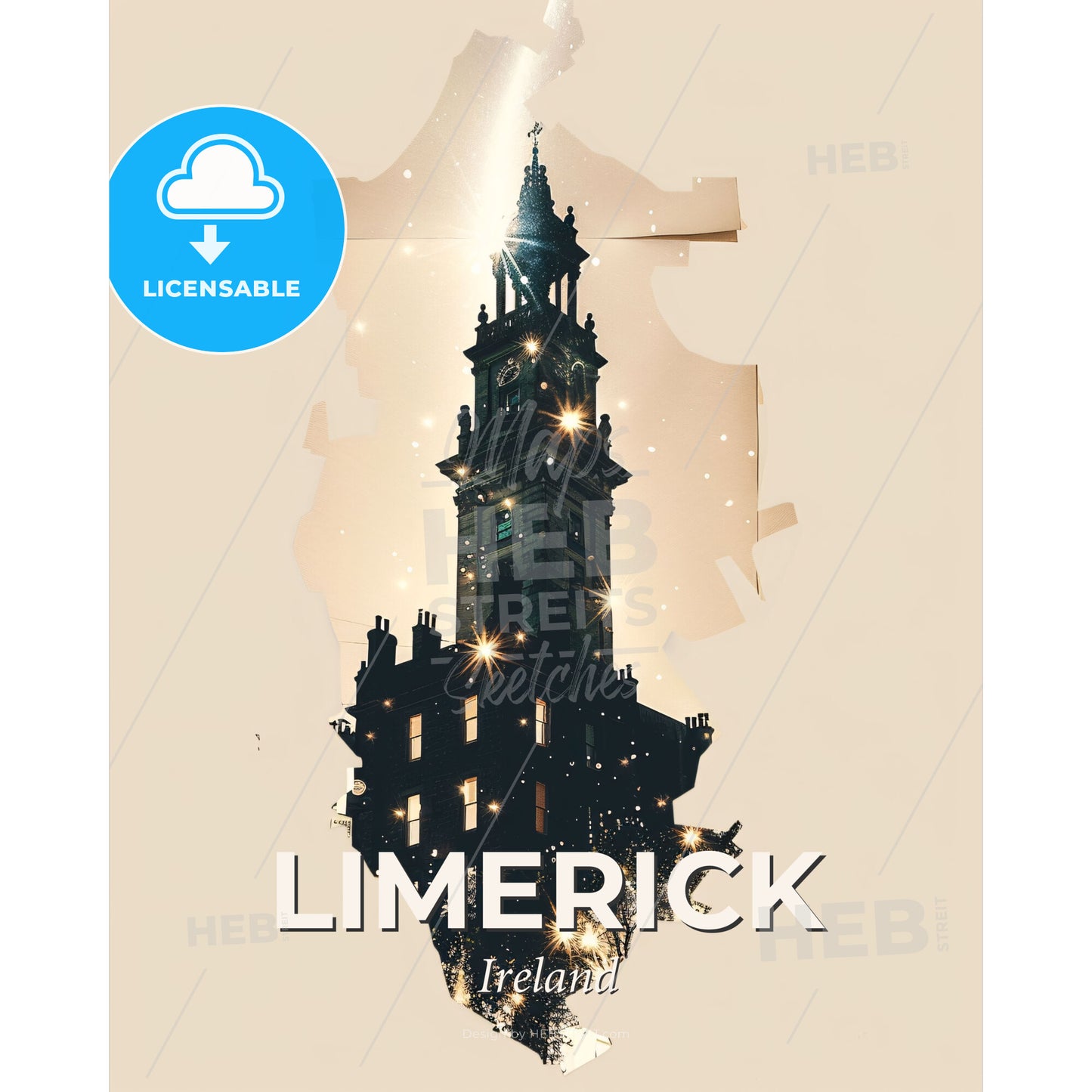 Limerick Skyline Wonders in Beige Composite - A building with a tower and lights - Square format print template