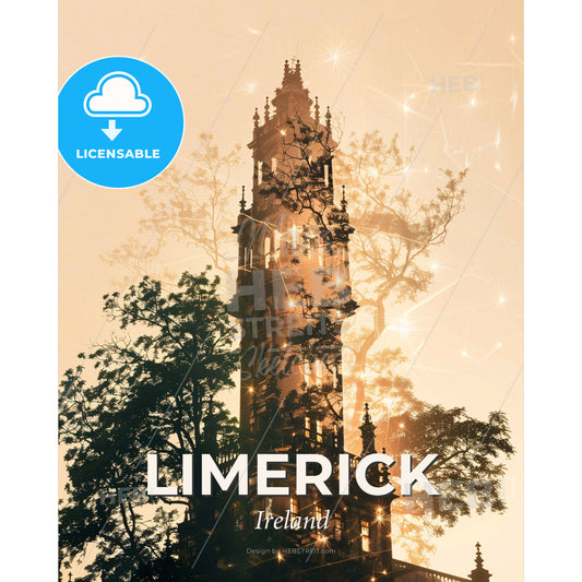 Limerick City Skyline Silhouette Double Exposure Art Poster - A tall building with trees and stars - Square format print template