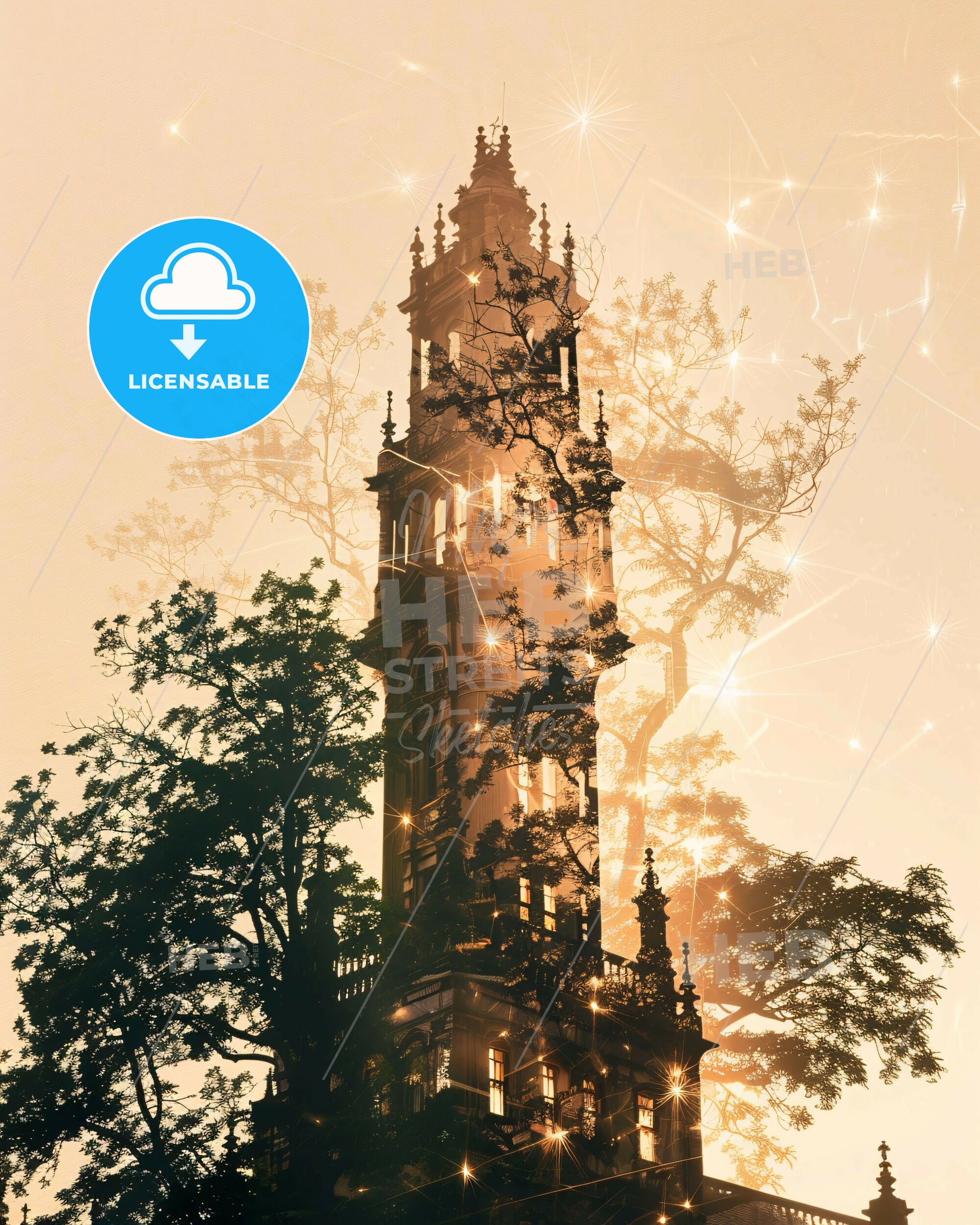 Limerick City Skyline Silhouette Double Exposure Art Poster - A tall building with trees and stars