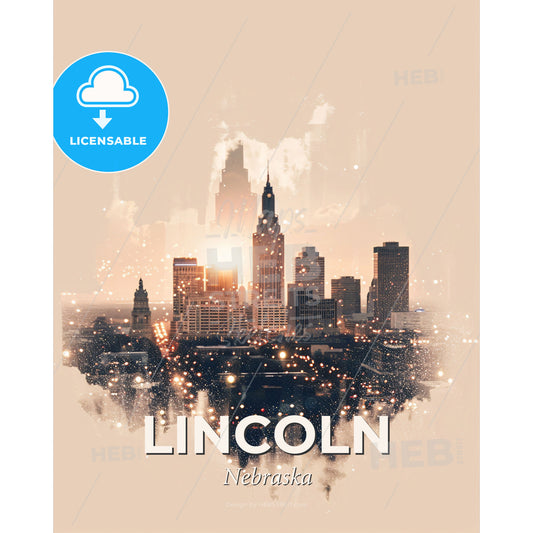 Lincoln Skyline Collage: Lights, Architecture, and Beige - A city skyline with a light shining through it - Square format print template