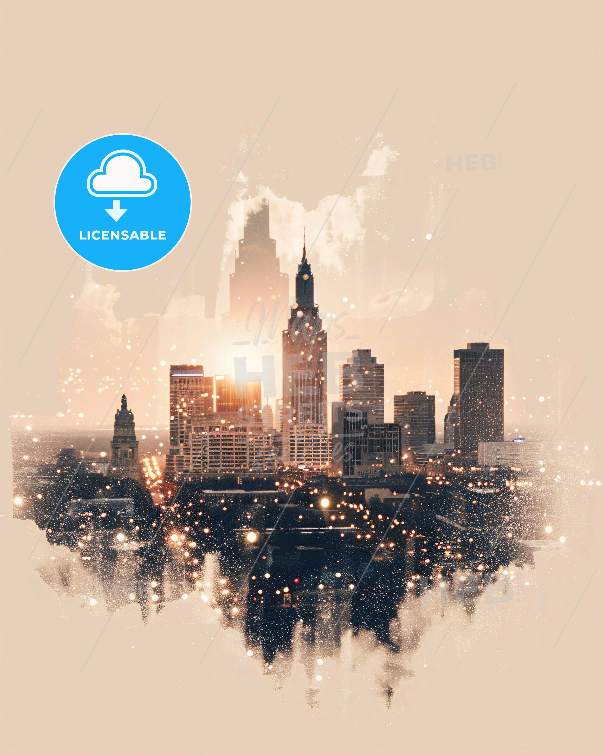 Lincoln Skyline Collage: Lights, Architecture, and Beige - A city skyline with a light shining through it