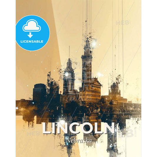 Lincoln City Skyline Double Exposure Art - A city skyline with lights and stars - Square format print template