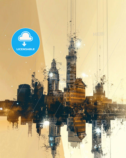 Lincoln City Skyline Double Exposure Art - A city skyline with lights and stars