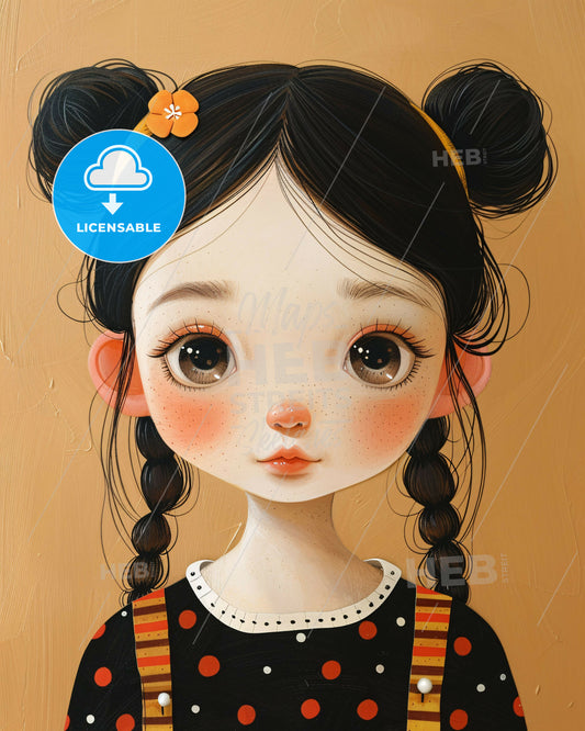 The girl's half body is lively and cute,,in clothes on bright beige paper - A cartoon girl with pigtails and a flower in her hair