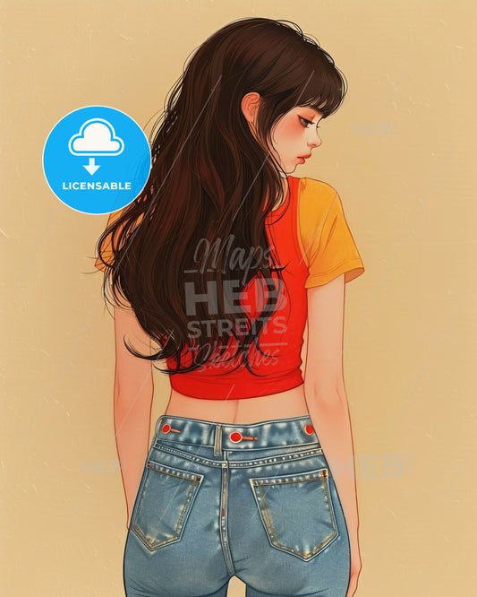 The girl's half body is lively and cute,,in clothes on bright beige paper - A woman with long brown hair and blue jeans