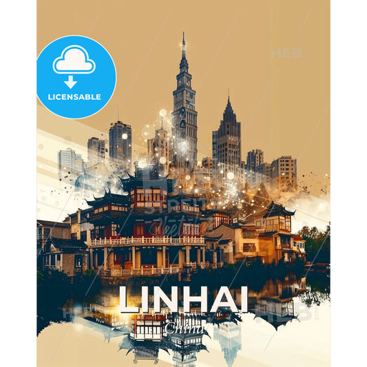 Linhai, China: Double Exposure Skyline Art - A cityscape with buildings and a river - Square format print template
