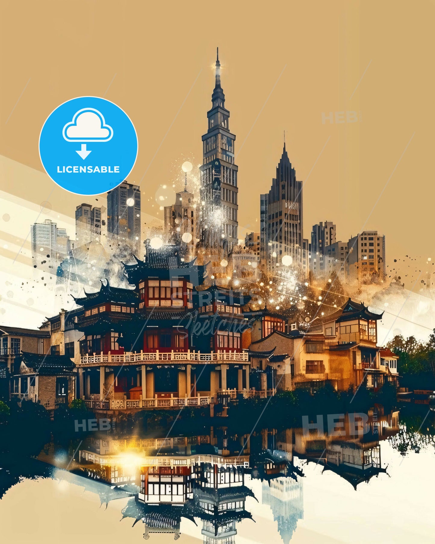 Linhai, China: Double Exposure Skyline Art - A cityscape with buildings and a river