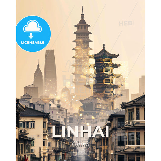 Linhai China Skyline Vista Night Lights Poster - A city with tall buildings and a tall tower - Square format print template