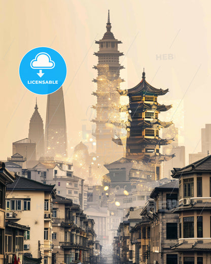 Linhai China Skyline Vista Night Lights Poster - A city with tall buildings and a tall tower