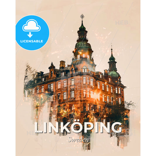 Linköping Skyline Double Exposure Poster Art - A building with a tower - Square format print template