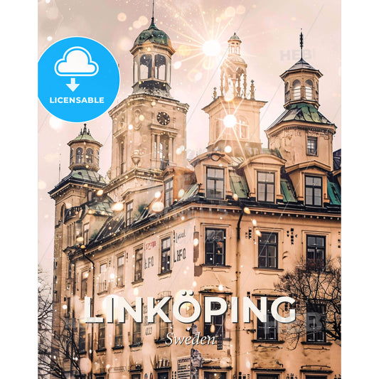 Linköping Skyline Double Exposure Art Poster - A building with a clock tower and a clock on top - Square format print template