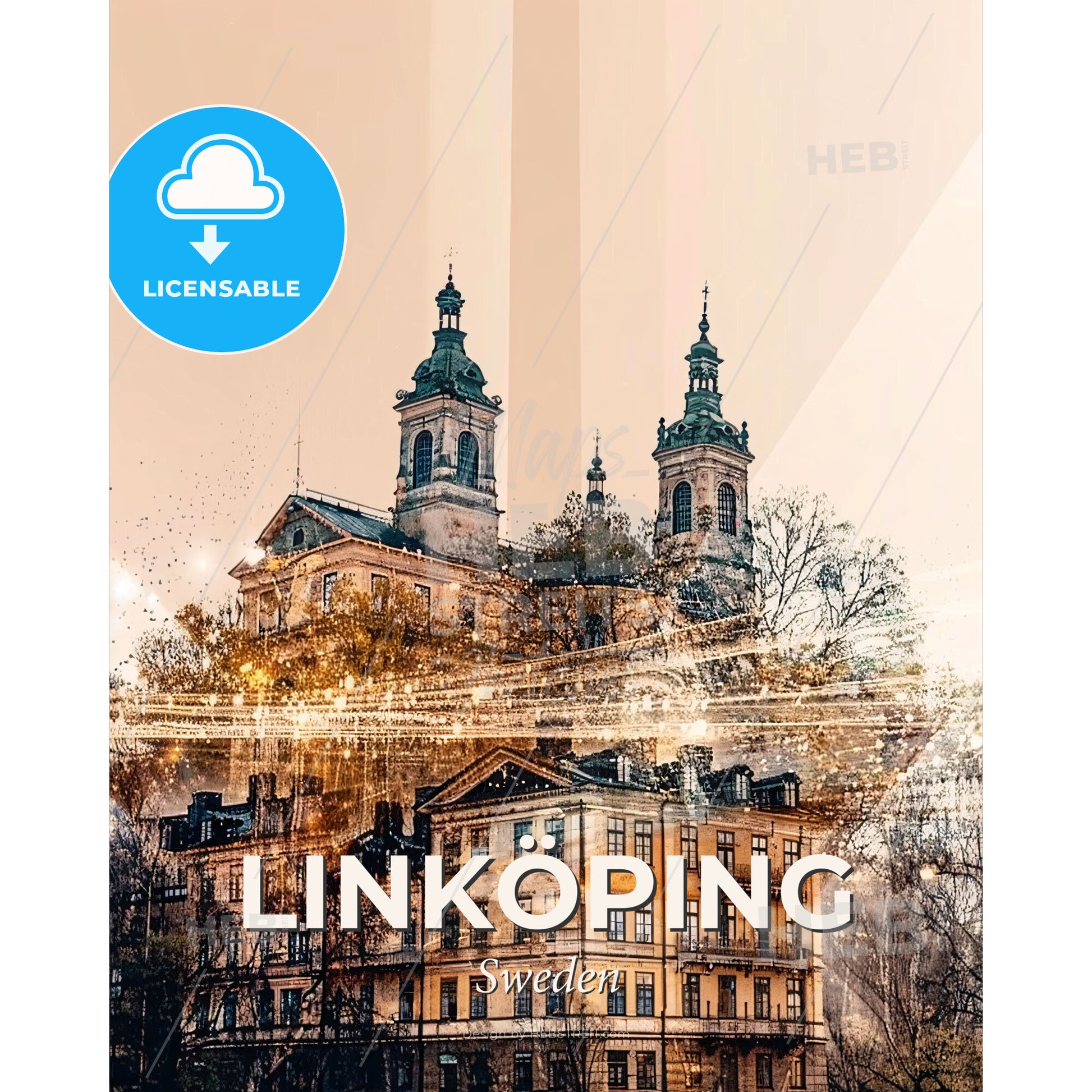 LinkÃ¶ping Cityscape Double Exposure Art Poster - A building with towers and trees - Square format print template