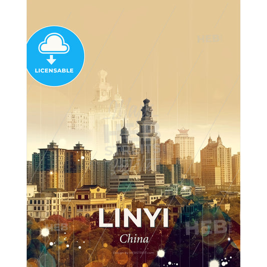 Linyi Cityscape Art: Local Icons in Double Exposure - A city skyline with many tall buildings - Square format print template