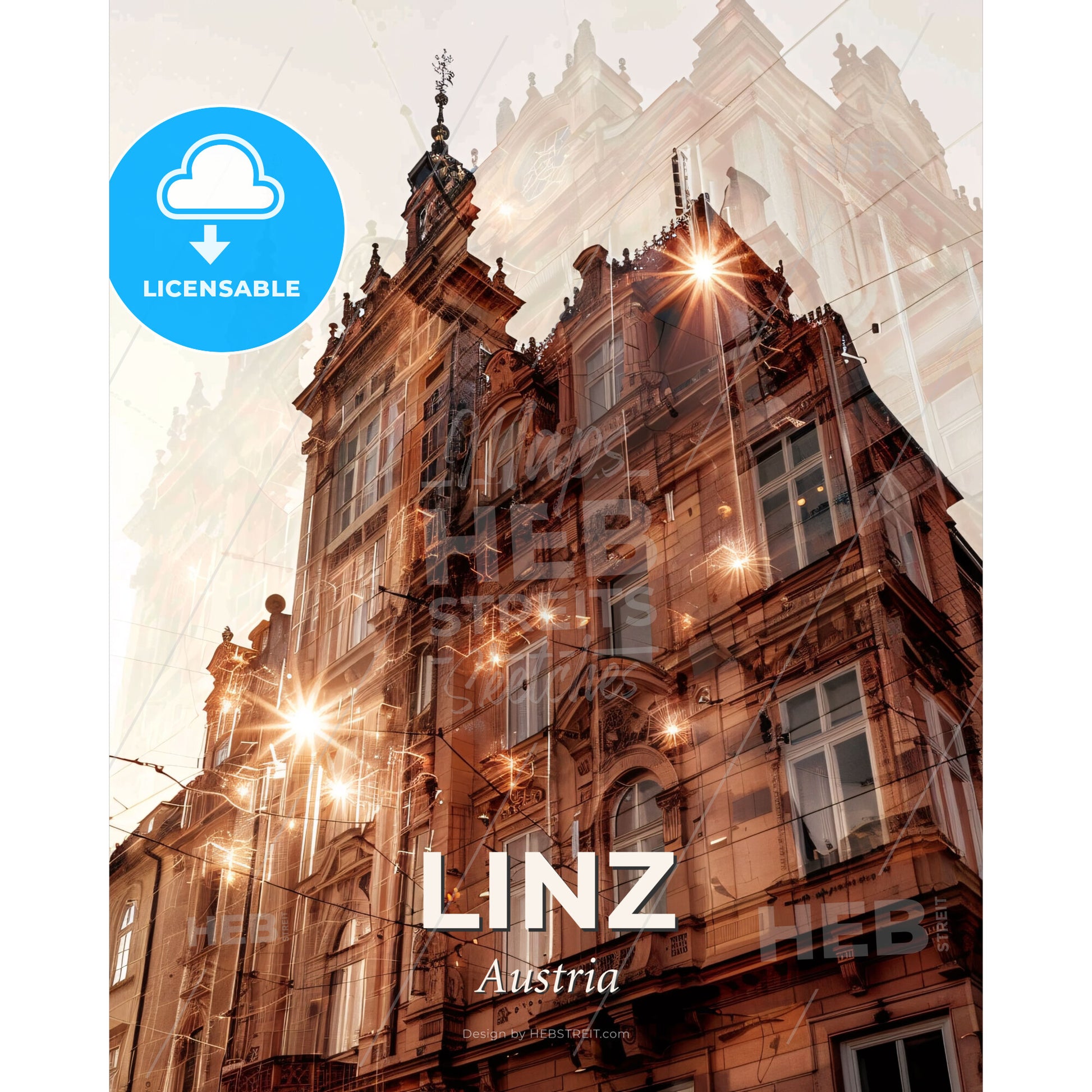Linz Skyline Reflections Poster - A building with many windows - Square format print template