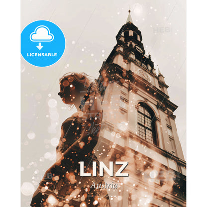 Linz Skyline Composite Art Poster, Beige - A woman standing in front of a tall building - Square format print template