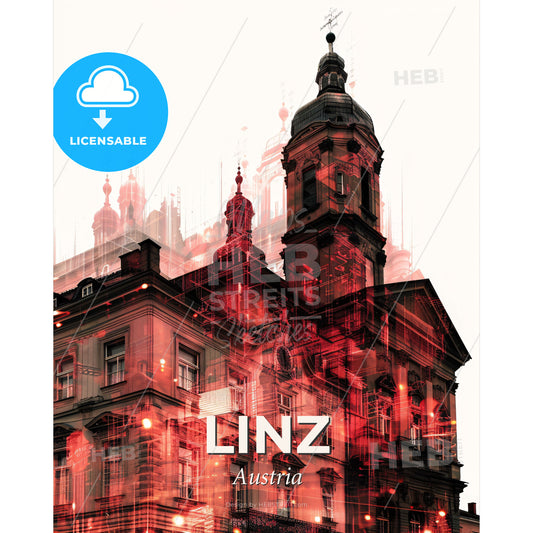 Linz Skyline Poster: Double Exposure Composite Silhouette Art - A building with a tower - Square format print template