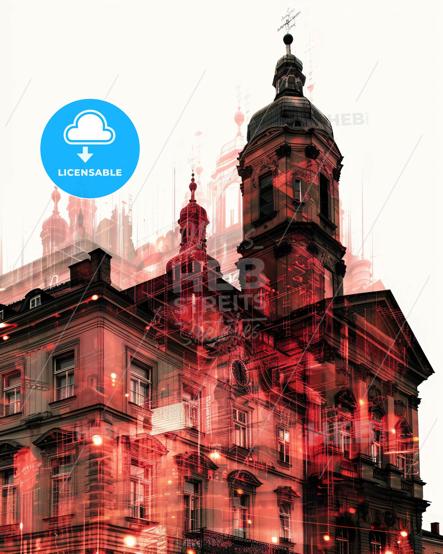 Linz Skyline Poster: Double Exposure Composite Silhouette Art - A building with a tower