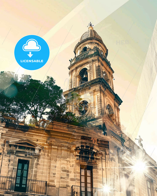 Lipari, Italy: Double Exposure Skyline Art Deco Poster - A building with a tower and a tree