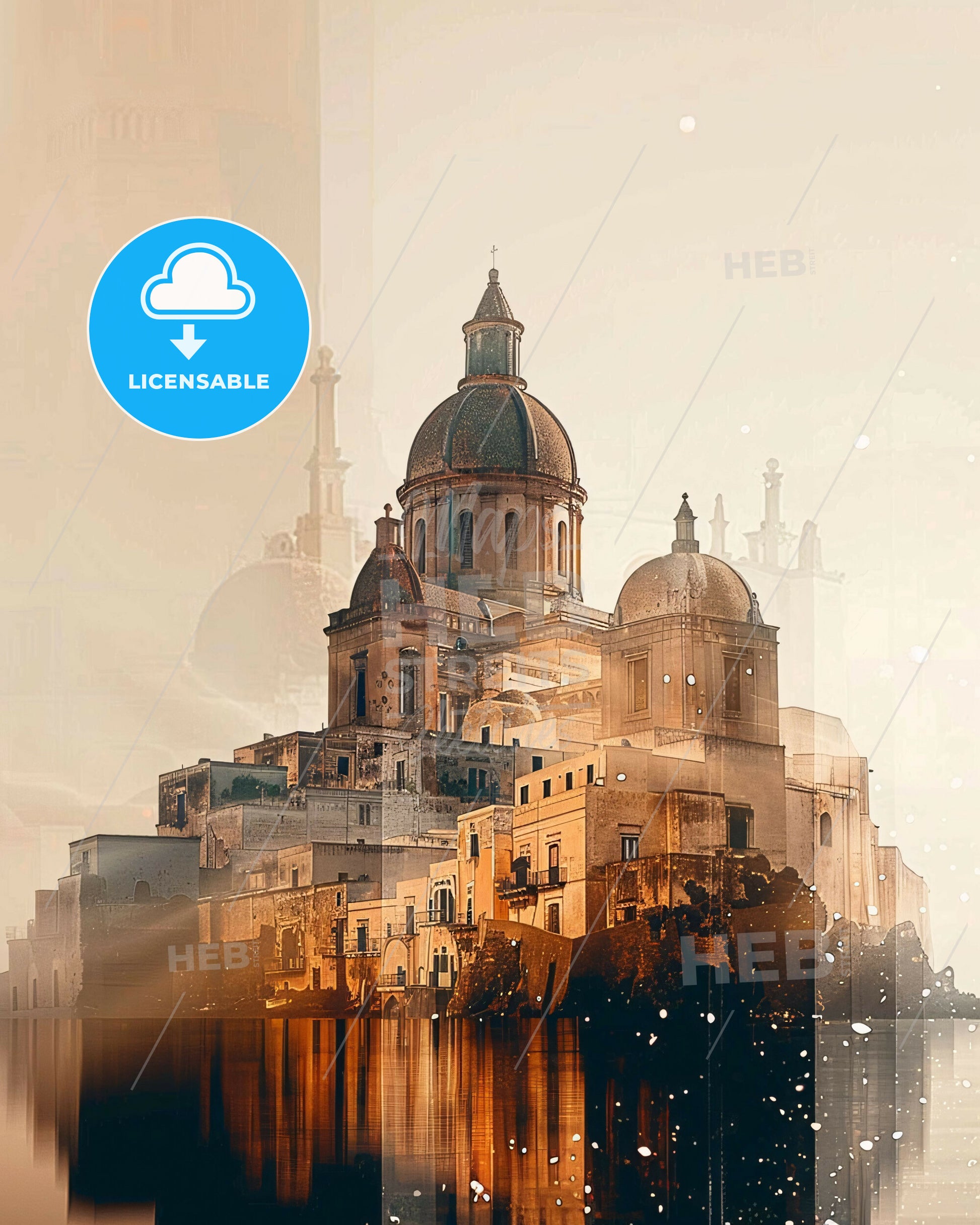 Lipari Skyline Double Exposure Poster Art - A building with a dome on top