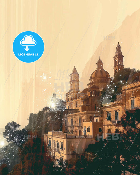 Lipari Skyline Cityscape Poster with Local Landmarks - A building with towers and trees