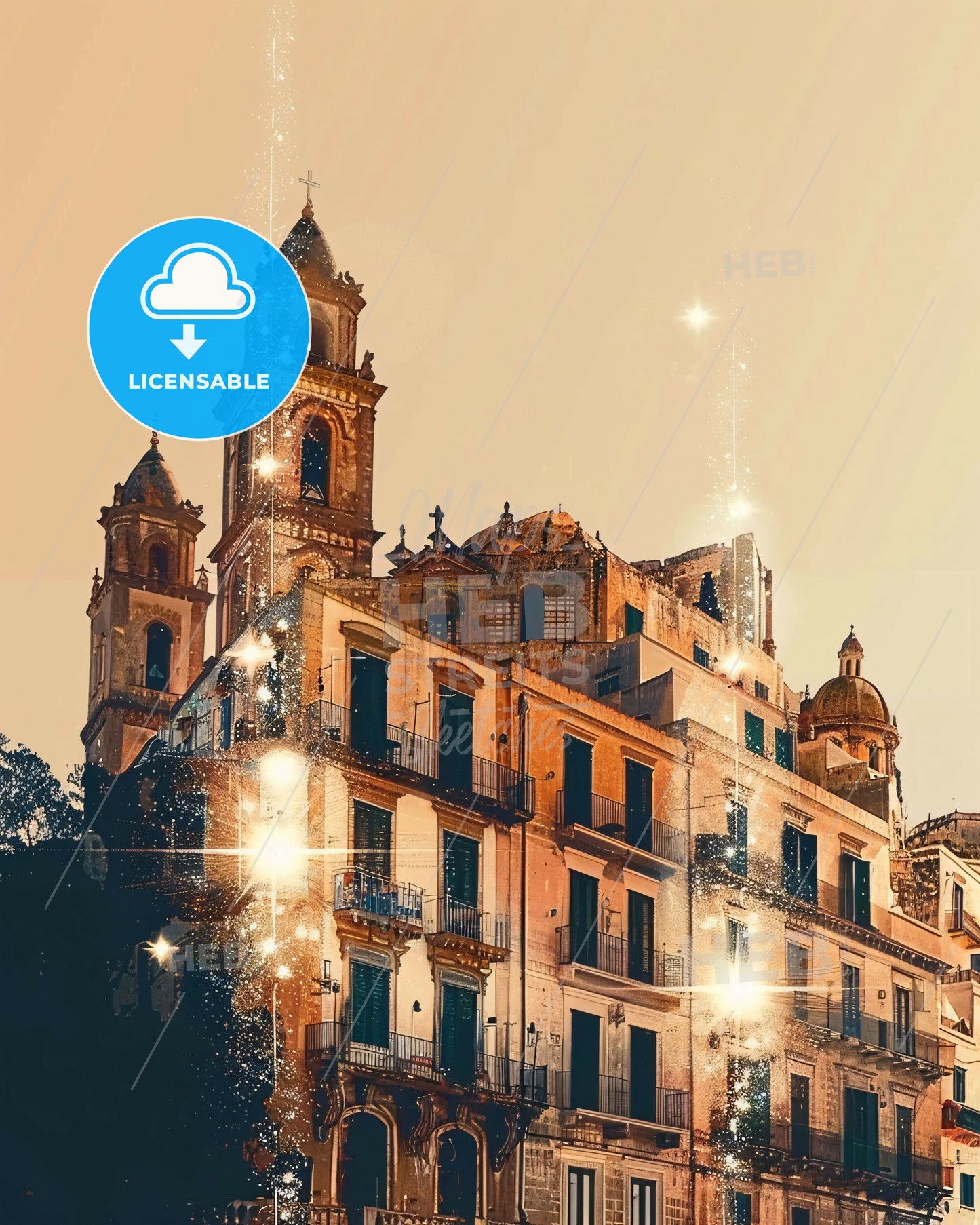 Lipari: Ethereal Double Exposure Skyline Art - A building with a tower and lights