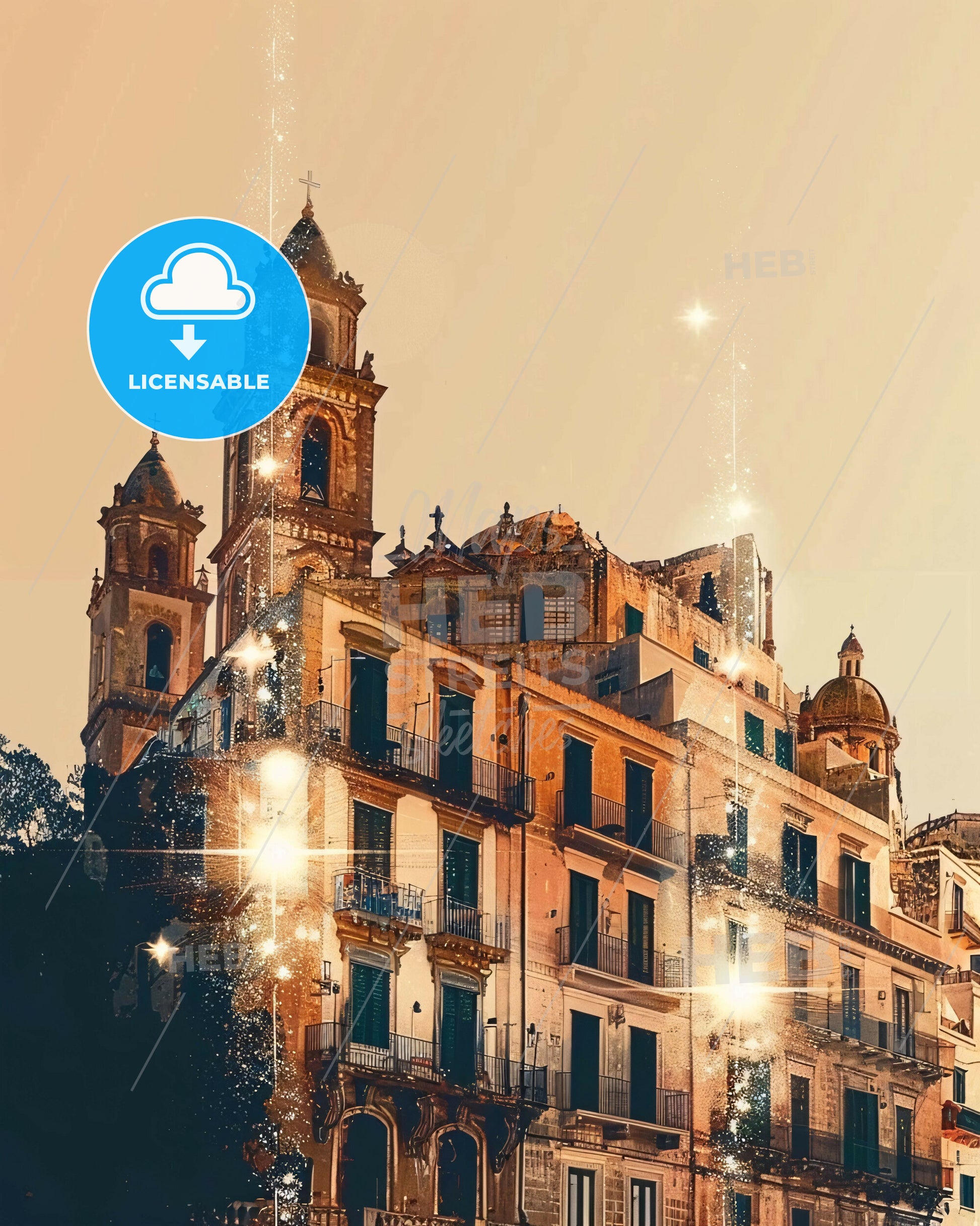 Lipari: Ethereal Double Exposure Skyline Art - A building with a tower and lights