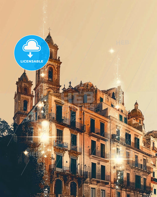 Lipari: Ethereal Double Exposure Skyline Art - A building with a tower and lights