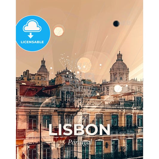 Lisbon City Skyline Double Exposure Art Poster - A city with many buildings - Square format print template