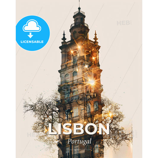 Lisbon Skyline Double Exposure Poster Print - A tall building with a tower and trees - Square format print template