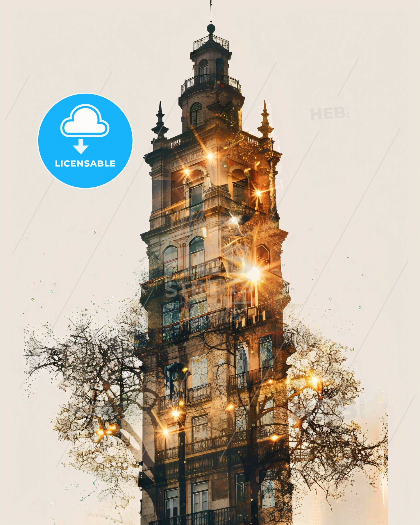 Lisbon Skyline Double Exposure Poster Print - A tall building with a tower and trees