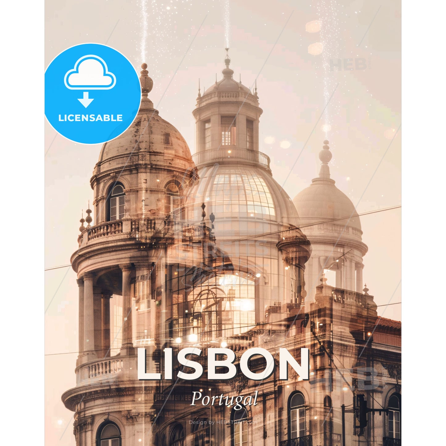Lisbon Skyline: Double Exposure Cityscape Wonders - A building with a dome and a balcony - Square format print template