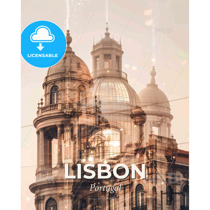 Lisbon Skyline: Double Exposure Cityscape Wonders - A building with a dome and a balcony - Square format print template